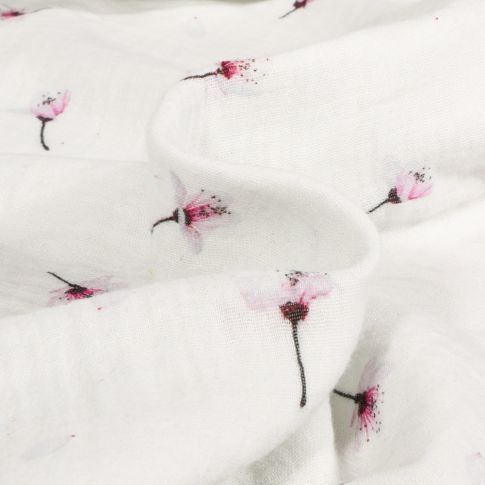 Tissu Double gaze Flowers rose sur fond Blanc