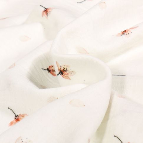 Tissu Double gaze Flowers orange sur fond Blanc