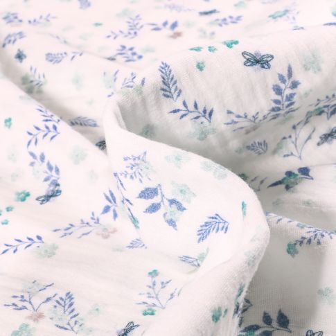 Tissu Double gaze Fleuris bleu sur fond Blanc