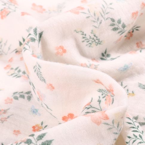 Tissu Double gaze Fleuris nude et vert sur fond Blanc