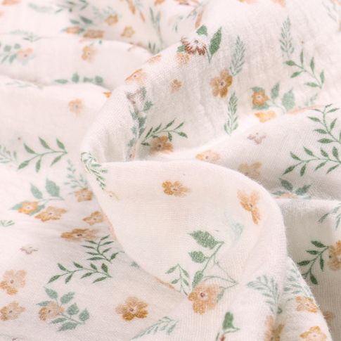 Tissu Double gaze Fleuris vert et beige sur fond Blanc cassé