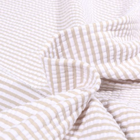 Tissu Seersucker Stretch Rayé sur fond Beige