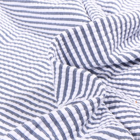 Tissu Seersucker Stretch Rayé sur fond Bleu denim