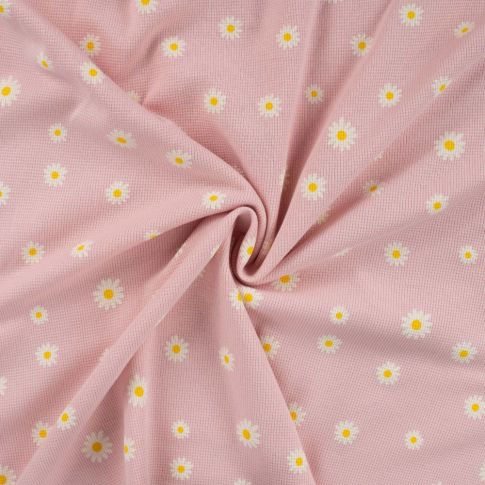 Tissu Jersey Nid d'abeille imprimé Marguerites sur fond Rose bébé
