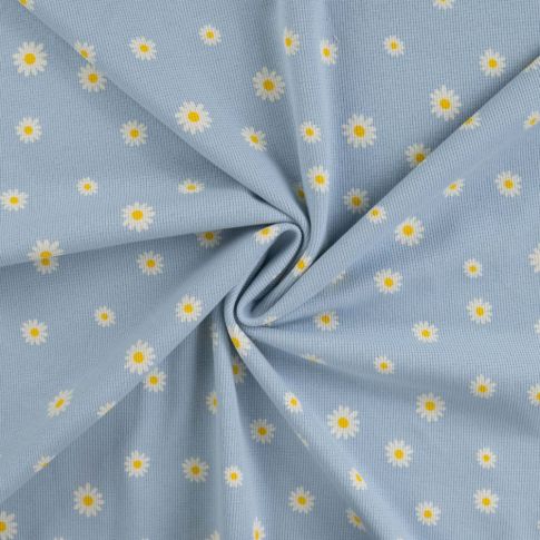 Tissu Jersey Nid d'abeille imprimé Marguerites sur fond Bleu ciel