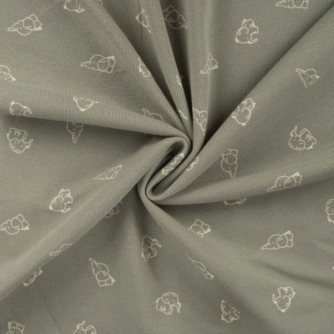 Tissu Jersey Nid d'abeille imprimé Eléphants sur fond Vert kaki