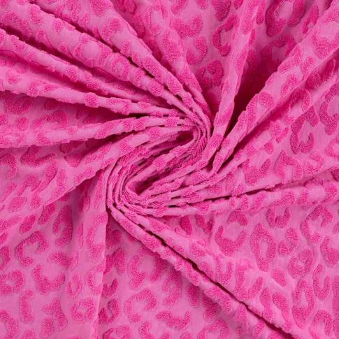 Tissu Maille  motif  léopard éponge sur fond Rose fuchsia
