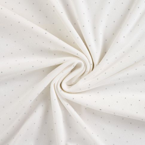 Tissu Jersey Coton Bord côte Strass sur fond Blanc cassé