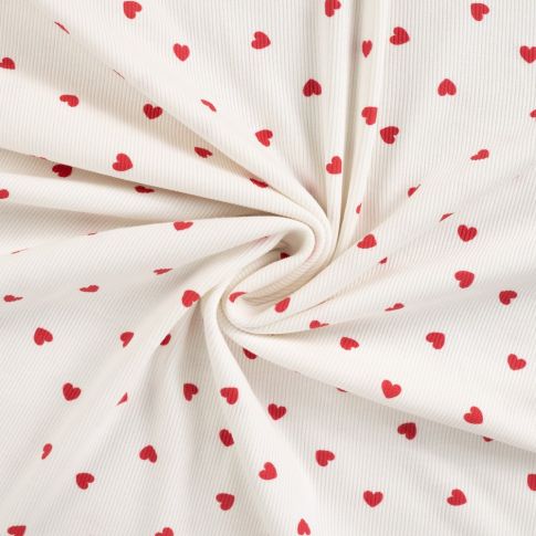 Tissu Jersey Coton Bord côte Coeurs rouges sur fond Ecru