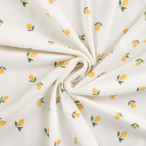 Tissu Jersey Coton Bord côte Citons jaunes sur fond Blanc cassé