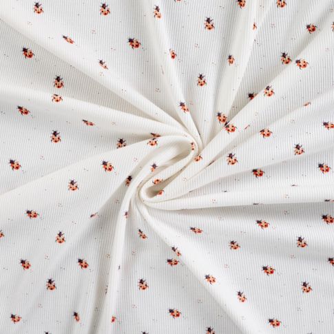 Tissu Jersey Coton Bord côte Coccinelles sur fond Blanc cassé