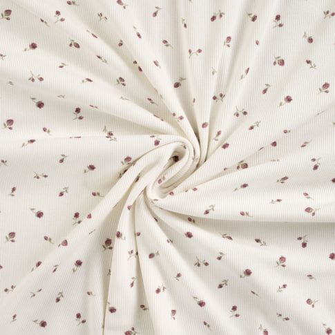 Tissu Jersey Coton Bord côte Petites roses sur fond Blanc cassé