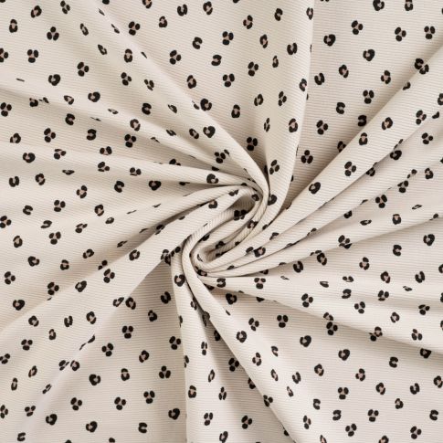 Tissu Jersey Bord côte Léonie mini léopard Noirs et Camel sur fond Ecru