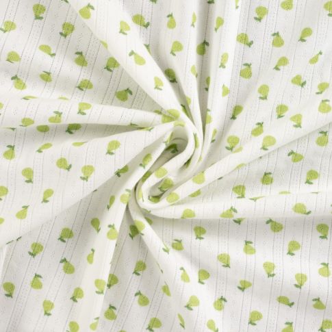 Tissu Jersey Coton ajouré Poires sur fond Blanc