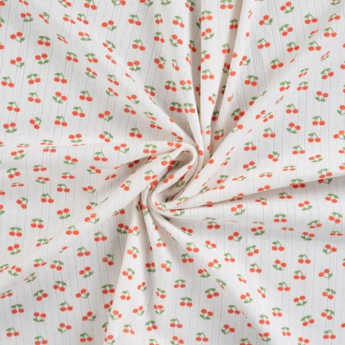 Tissu Jersey Coton ajouré Cerises sur fond Blanc