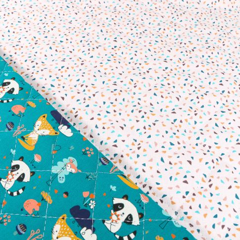Tissu Matelassé Chally Animaux de la Fôret et Confettis colorés sur fond Blanc