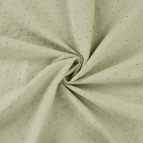 Tissu Coton brodé ajouré Fleuris sur fond Vert amande