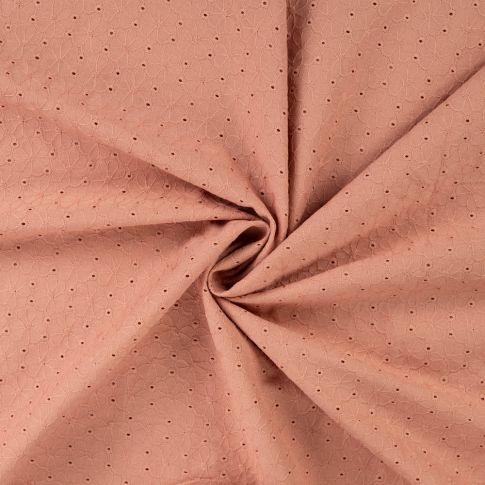 Tissu Coton brodé ajouré Fleuris sur fond Rose nude