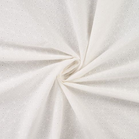 Tissu Coton brodé ajouré Fleuris sur fond Blanc cassé