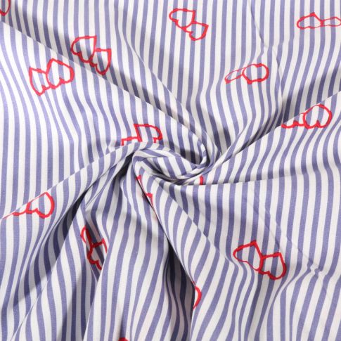 Tissu Coton extensible rayé bleu et coeurs rouges sur fond Blanc