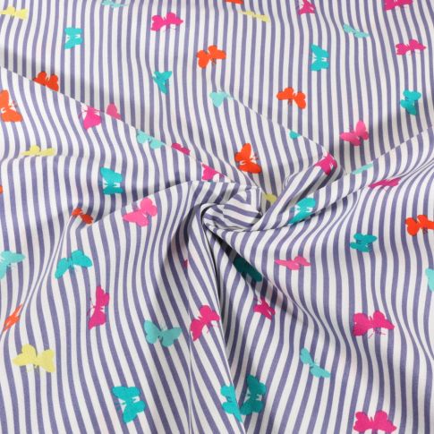 Tissu Coton extensible rayé bleu et Papillons colorés sur fond Blanc