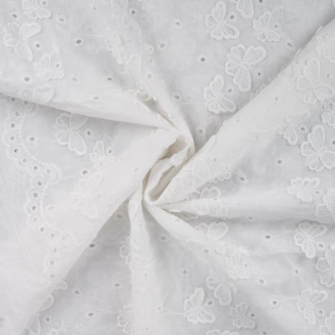 Tissu Broderie anglaise Papillons 3D Blanc