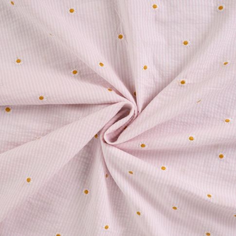 Tissu Seersucker brodé Rayures et Paquerettes sur fond Rose pâle