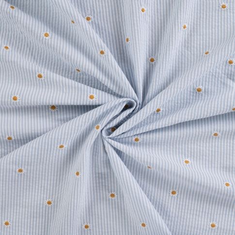 Tissu Seersucker brodé Rayures et Paquerettes sur fond Bleu ciel
