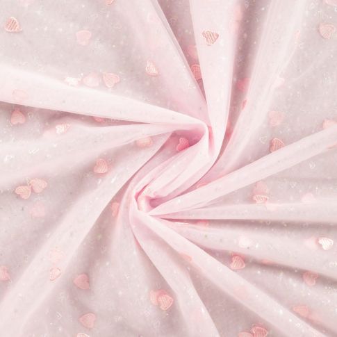 Tissu Tulle souple Célestine cœur Rose brodés sur fond Rose bébé
