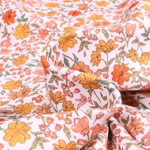 Tissu Jersey Coton  Sweet Flower Florentine orange sur fond Blanc