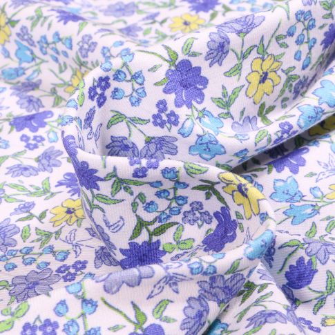 Tissu Jersey Coton  Sweet Flower Florentine violette sur fond Blanc
