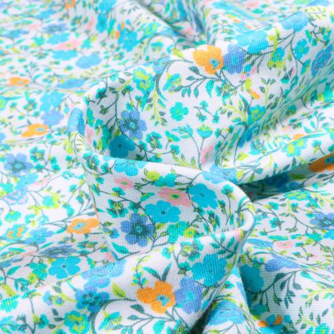 Tissu Jersey Coton Sweet Flower Lillie turquoise sur fond Blanc