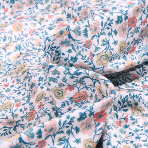 Tissu Jersey Coton Sweet Flower Lillie bleu sur fond Blanc