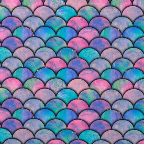 Tissu Jersey Coton digital Ecailles fuschia sur fond Bleu