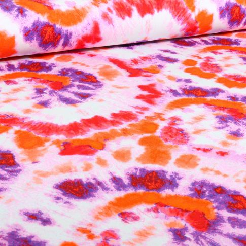 Tissu Jersey Coton  Tourbi Tye and dye  orange sur fond Blanc