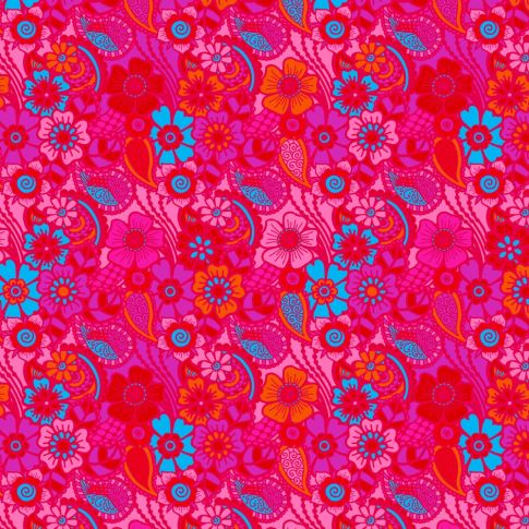 Tissu Sweat léger envers gratté Floral Fuchsia & Turquoise sur fond Rose
