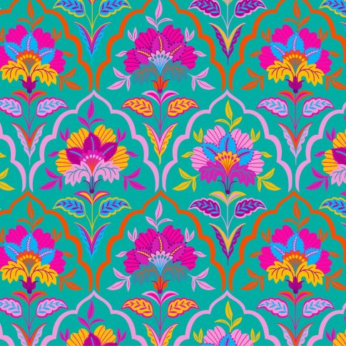 Tissu Sweat léger envers gratté Floral Bohème sur fond Bleu turquoise