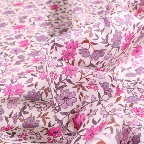 Tissu Popeline de coton Sweet Flower Léa Rose sur fond Blanc