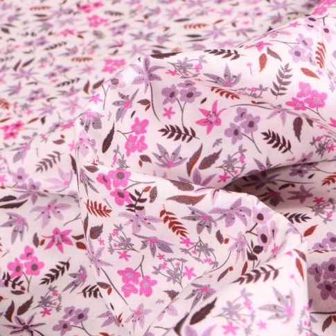 Tissu Popeline de coton Sweet Flower Joséphine Rose sur fond Blanc
