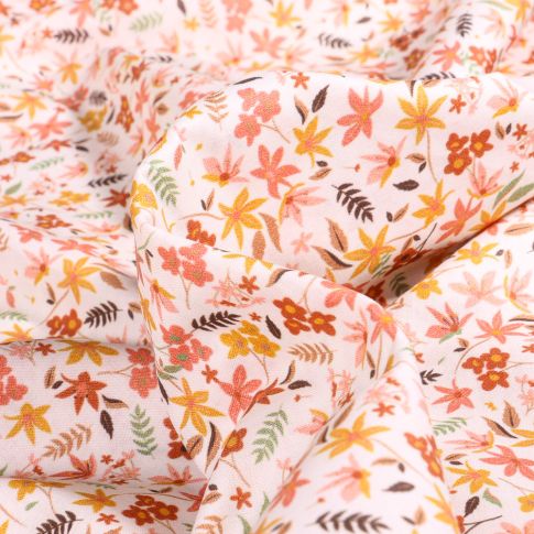 Tissu Popeline de coton Sweet Flower Joséphine Orange sur fond Blanc