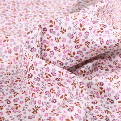 Tissu Popeline de coton Sweet Flower Pepe Rose sur fond Blanc