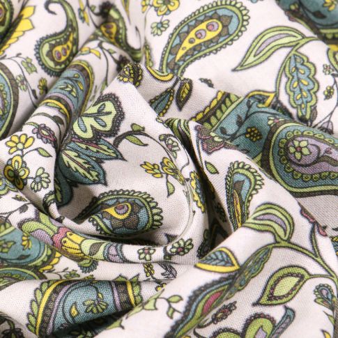 Tissu Voile de Coton Sweet Flower Motif cachemire Paisley colorés sur fond Ecru
