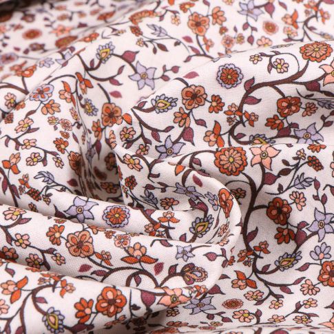 Tissu Voile de coton Sweet Flower Mary line sur fond Blanc