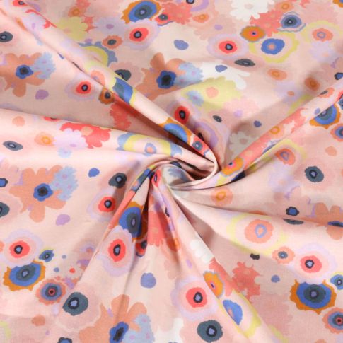Tissu Voile de Coton digital Fleurs colorées sur fond Rose nude