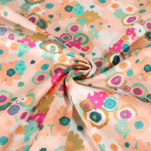 Tissu Voile de Coton digital Fleurs colorées sur fond Pêche