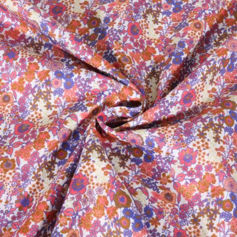Tissu Voile de Coton digital Petites fleurs Pêche, violet et ocre sur fond Blanc