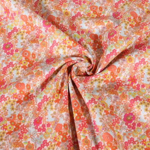 Tissu Voile de Coton digital Petites fleurs tons orange sur fond Blanc