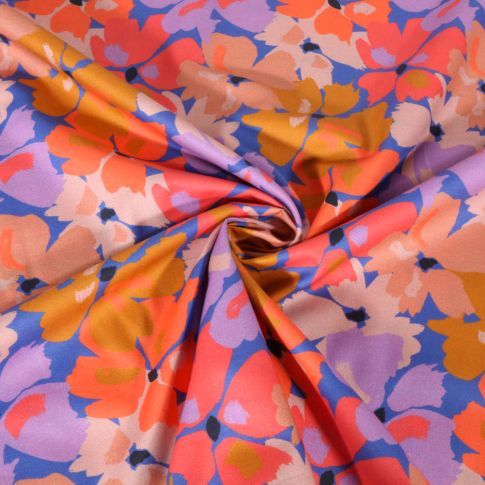 Tissu Voile de Coton digital Motif floral lilas, ocre et pêche sur fond Bleu roi