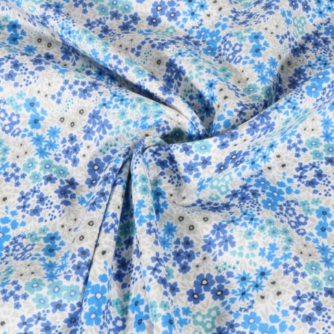 Tissu Voile de Coton digital Petites fleurs bleues sur fond Blanc