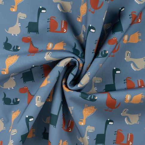 Tissu Softshell Digital Dino sur fond Bleu denim
